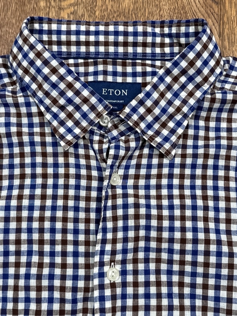Eton Linen Cotton Blue White Brown Checker Contemporary L/S Button Shirt Mens 18